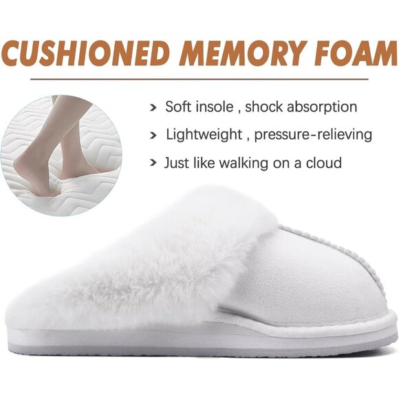 ⚡Women Snow White Suede Fluff Dual Memory Foam Arch Support Warm Scuff Slipper - Picture 4 of 7